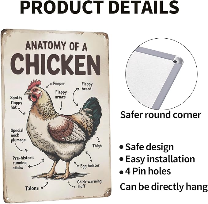 Retro humor wall art sign featuring Anatomy Of A Chicken Metal Tin Sign Classroom Farm Decor Perfect For Hanging In Coop Rustic Vintage Finish Educational 8x12 inch metal sign for home bar wall