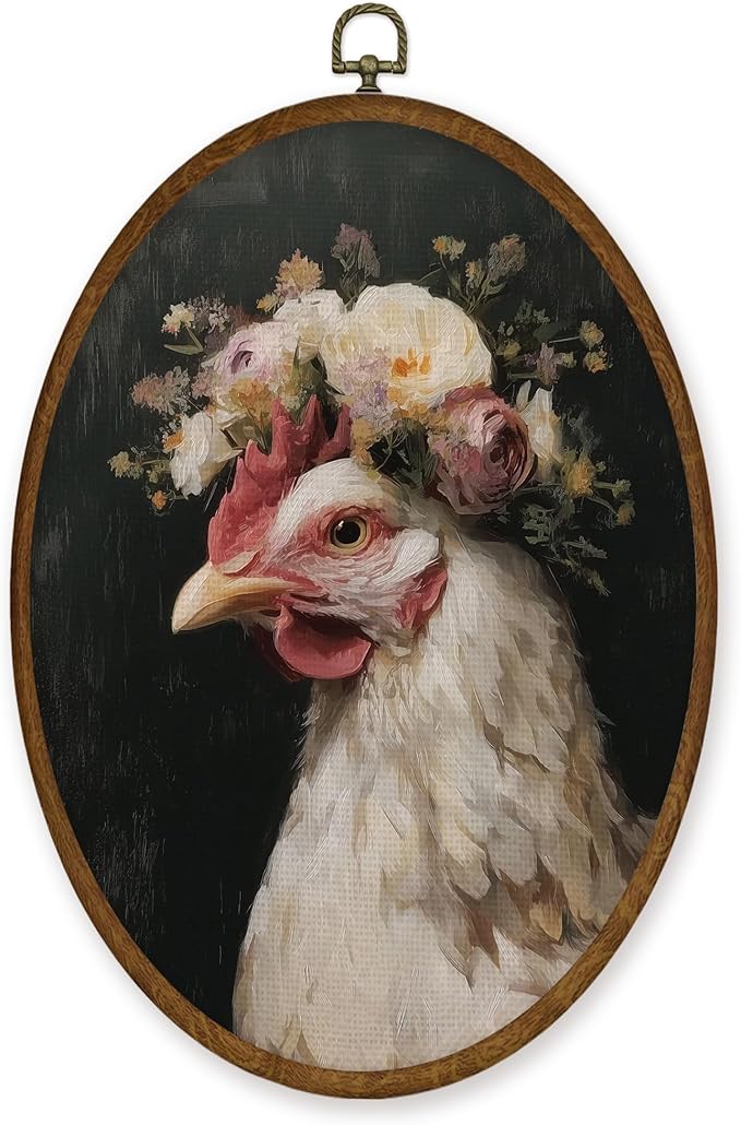 WULQYING Vintage Floral Chicken Wall Art Decor, Country Farmhouse Farm Animal Oval Framed Canvas Art Prints, Cottagecore Floral Chicken Wall Hanging Decor for Home Bedroom Living Room, 8.6x11.4 Inches