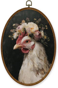 WULQYING Vintage Floral Chicken Wall Art Decor, Country Farmhouse Farm Animal Oval Framed Canvas Art Prints, Cottagecore Floral Chicken Wall Hanging Decor for Home Bedroom Living Room, 8.6x11.4 Inches