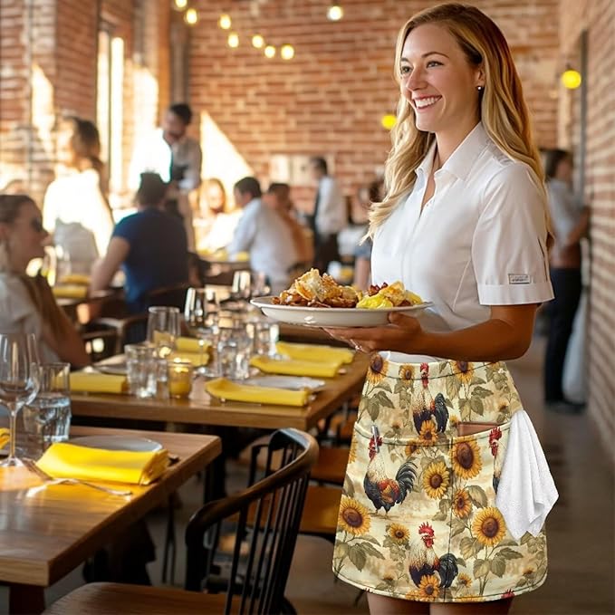 Waist Apron with 3 Pockets Waterproof 13 Inch Short Half Waist Aprons Women Men Server Aprons Waitress Waiter Apron