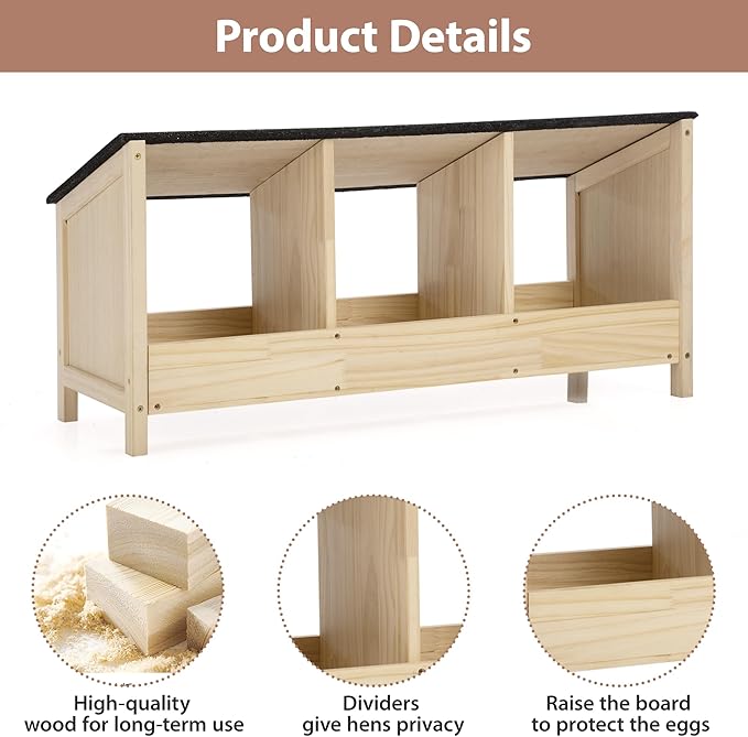 COZIWOW Chicken Nesting Boxes 3 Compartment-Waterproof Asphalt roof, Easy to Install, Wooden Nesting Boxes for Chicken Coop, Egg Laying Boxes for Hens,Ducks,Poultry,Rabbit,Squirrel