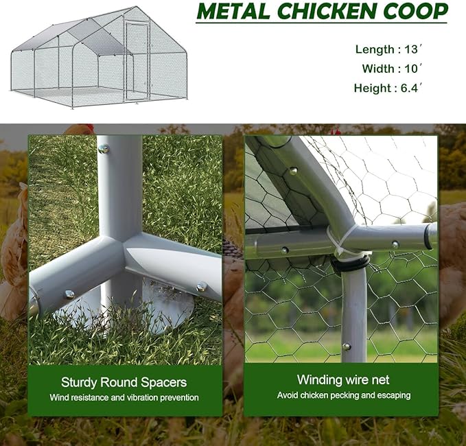 Betterhood Large Metal Chicken Coop Upgrade Tri-Supporting Wire Mesh Chicken Run,Chicken Pen with Water-Resident and Anti-UV Cover,Duck Rabbit House Outdoor(10’ W x 13’ L x 6.5’ H)