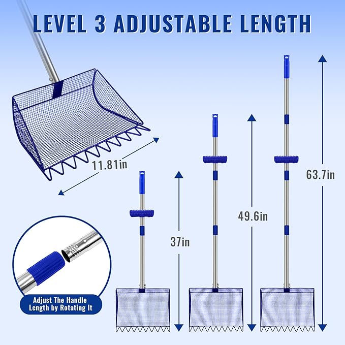 2-in-1 Chicken Coop Scooper: Extra Large 12” Poop Scooper & Rake with Adjustable Handle (37”-65”) | Heavy-Duty Metal Shovel for Quick Pet Waste, Rabbit, Guinea, Barn Cleaning | US Patent Pending, Blue