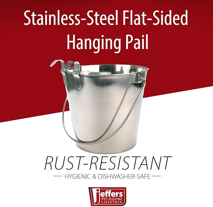 Jeffers Flat Sided Stainless Steel Pails with 1 Hook & 2 Quart – Dishwasher Safe, Durable Feeding & Milk or Water Buckets for Pet, Livestock & Farm Use - Pail with Handle for Kennel, Cage, Fence