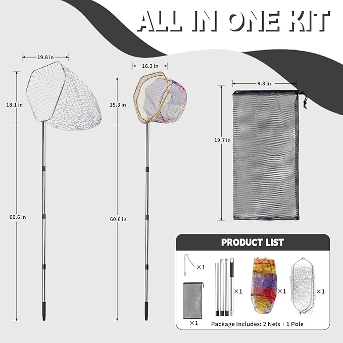 Chicken Net Catcher 3 in 1 Kit,Adjustable from 33" to 79" Chicken Net with 2 Folding Fish Nets & Chicken Leg Hook.Suitable for Catching Chicken,Fish,Birds,Cats,Poultry and Animals（15.3" x 23.2" Net）