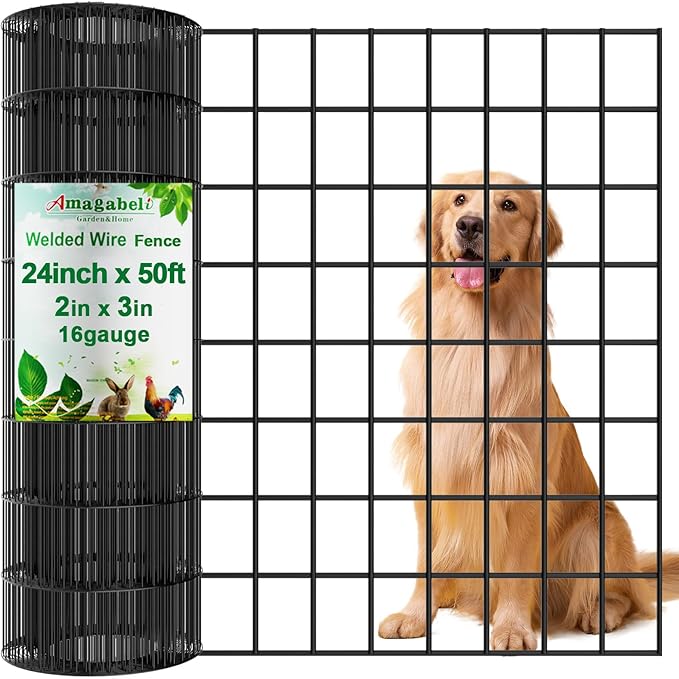 Amagabeli Black PVC Coated Welded Wire Fence 2 Inch x 3 Inch 24inch x 50ft 16 Gauge Chicken Wire Mesh Roll Metal Garden Border Fencing for Yard Vegetable Plant Protection Poultry Netting Dog Rabbit
