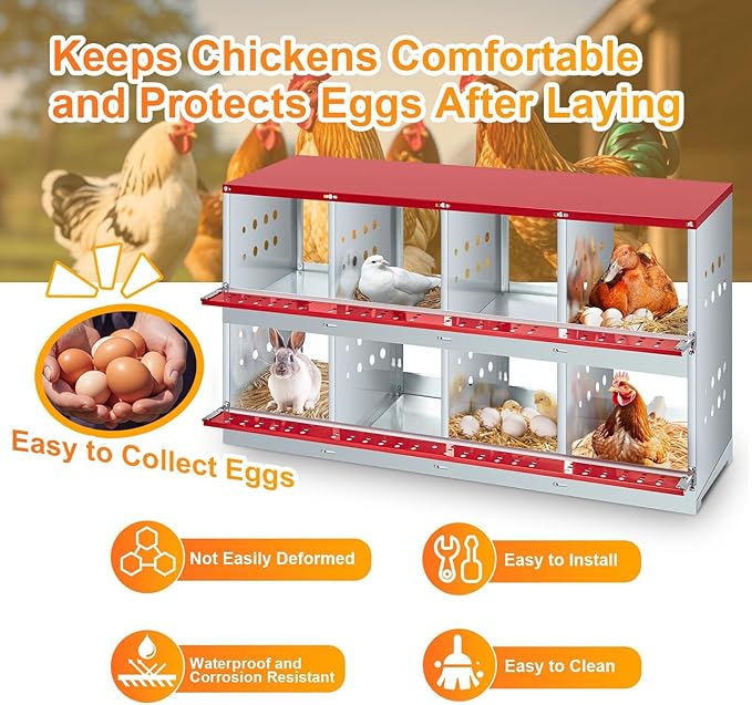 8-Compartment Chicken Nesting Box with Roll-Away Egg Collection - Metal Laying Box for Hens and Ducks, Features Pull-Out Tray & Swing Perch, Wall Mount Design for Coops