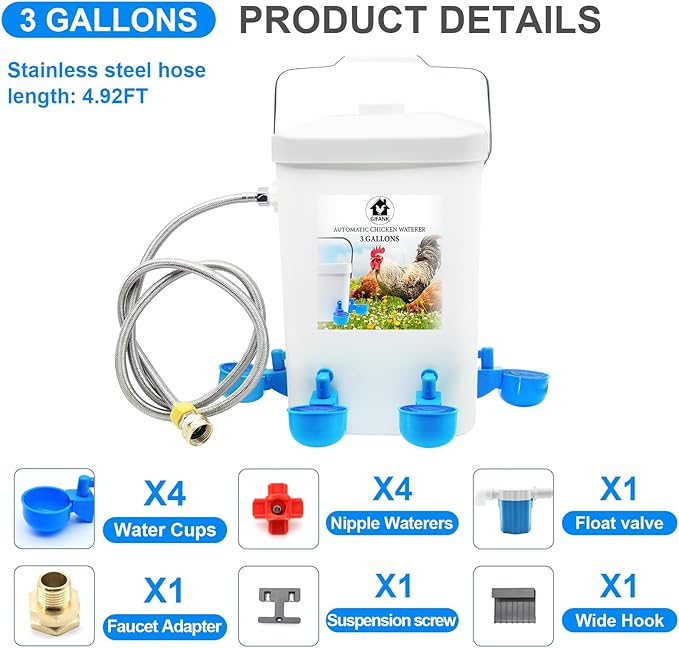 Automatic Chicken Waterer Float Controlled, 3 Gallons Poultry Waterer Dispenser with Hose Attachment, Poultry Automatic Drinking Accessories for Chicks, Duck, Goose, Turkey