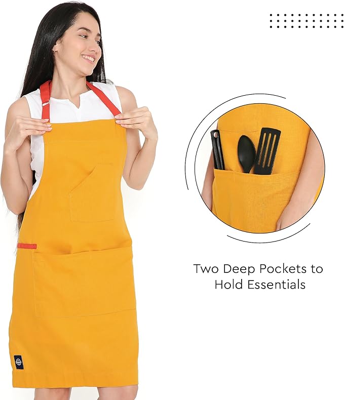 Encasa XO Adjustable Kitchen Cotton Apron With Pockets & Towel Holder Of Size 27x33 in (Mango) for Men & Women Chefs For Cooking & Baking in Home, Restaurants & Barbeque