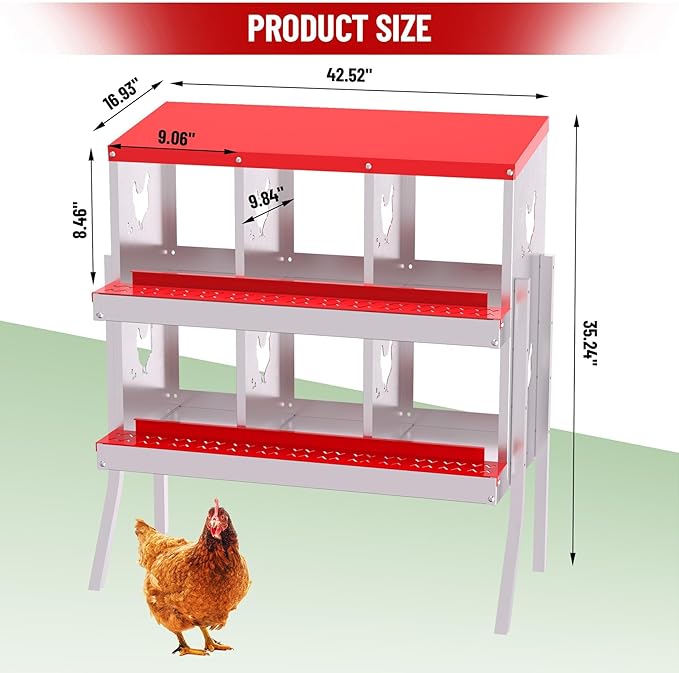 Chicken Nesting Boxes,6 Compartments Galvanized Steel Metal Laying Boxes with Leg,Pull-Out Egg Box Easy Egg Collection & Clean,Wall Mount Suitable for Farm Chicken House,Red