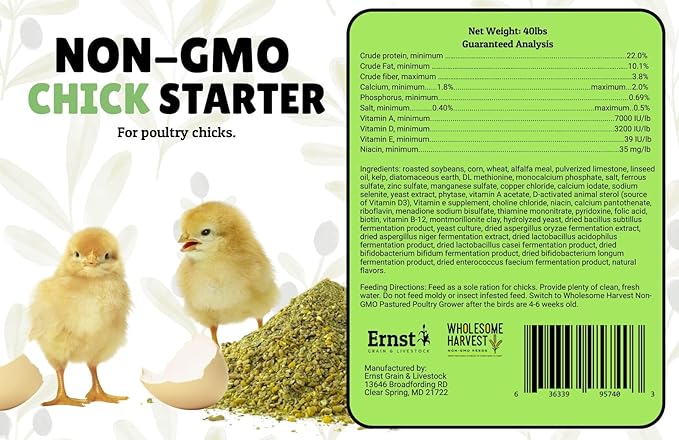 Chick Starter Feed - Non-GMO Chick Food Starter with Omega 3 and Natural, Herbal Ingredients - Chicken Feed for Growing Healthy Chicks with High-Protein 22% and Probiotics - 40 Lb
