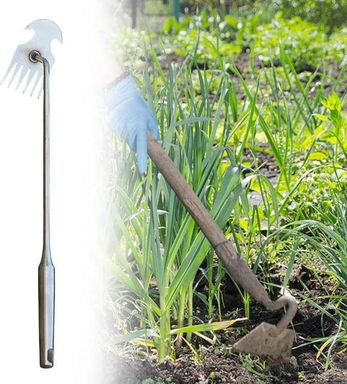 Weeds Puller Weeding Rake, with Handle, Uprooting Garden Weeding Tool Stainless Steel for Lawn Farm Outdoor Backyard, 6 Teeth, 48.5cmx10.5cmx6.5cm