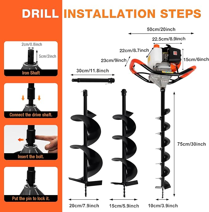 52CC 2-Stroke Post Hole Digger, Ground Drilling Machine Kit with 4"/6/"8" Auger Drill Bits, Fence Earth Auger Digging Machine, Gas Powered Post Hole Digger Set Farm Garden Excavator
