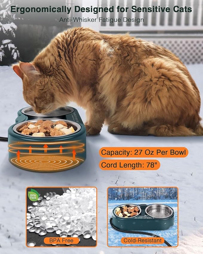 Heated Water Bowl for Outdoor Cats, 2 Thermal Stainless Steel Heated Cat Bowl for Outside, Ice Free & BPA Free Heated Pet Bowl for Small Animals Squirrel Rabbits Chickens Bird Bath in Winter