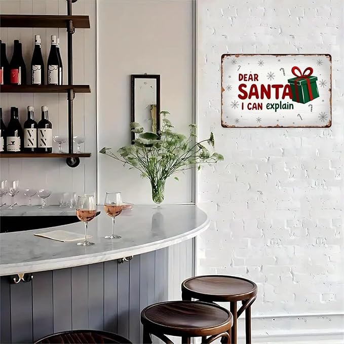 Dear Santa I Can Explain Tin Sign Vintage Christmas Santa Claus Metal Sign Print Aesthetic for Garden Yard Bar Porch Home Bedroom Kitchen Wall Decor Gift 8 X 12 in