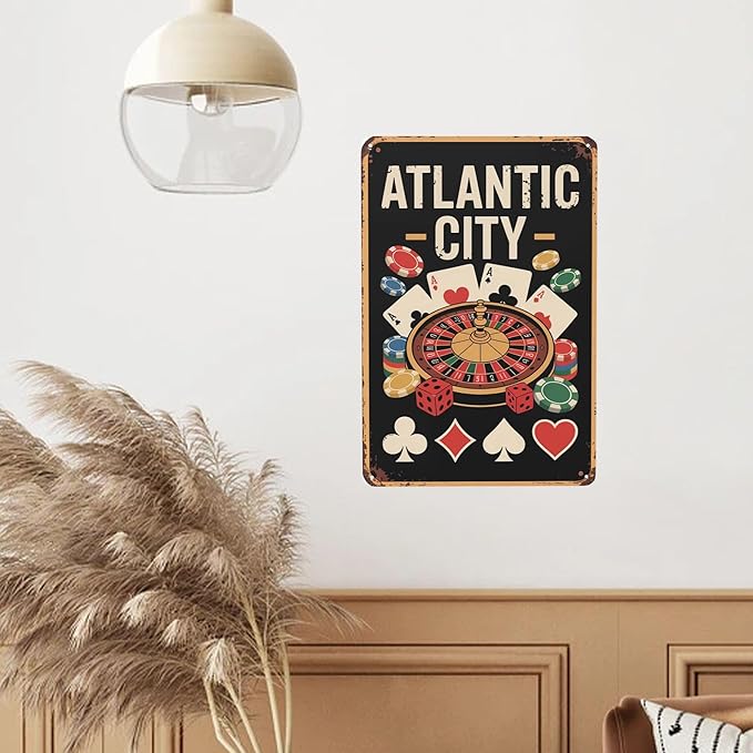Novelty saying wall decor featuring Atlantic City Metal Tin Sign Game Room Bar Decor Perfect For Hanging In Casino Basement Rustic Vintage Finish Gift For 8x12 inch metal sign for living room wall