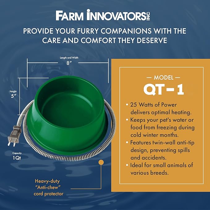 Farm Innovators QT-1 1 Quart Electric Heated Pet Water Bowl with Thermostatic Control and Anti Chew Cord Protector, 25 Watt, Green (2 Pack)
