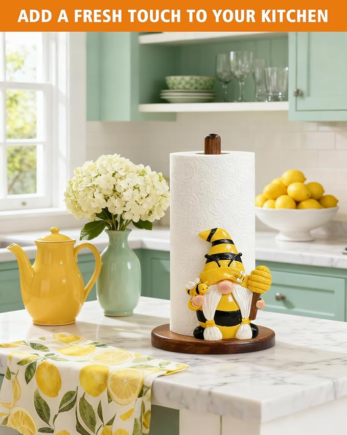 Gnome Paper Towel Holder - Honey Bee Decor for Kitchen & Bathroom Countertop - Gifts for Women Mom Grandma - 3D Cute Stuff Decorative Accessories