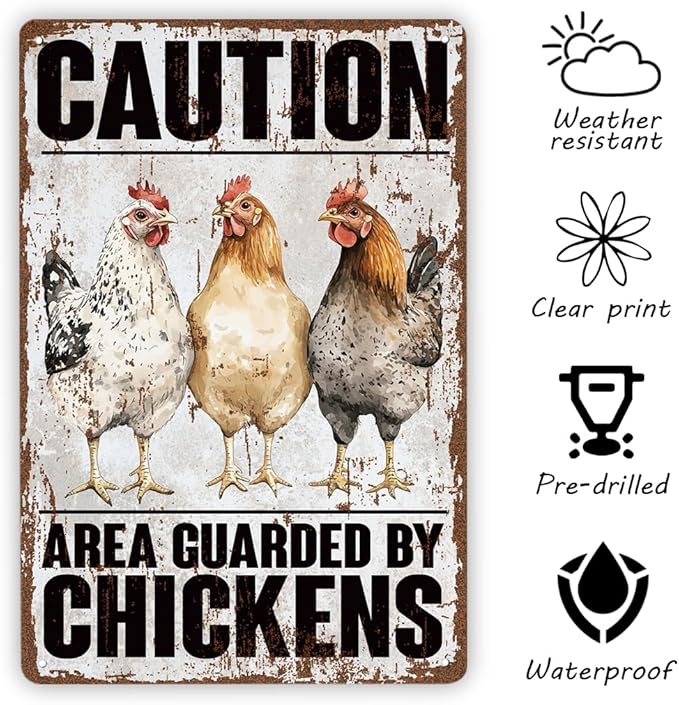 Rustic Vintage Metal Tin Signs, Caution Area Guarded By Chickens Metal Sign, Vintage Retro Rustic Patio Home Décor, Farmhouse Shop Sign, Chicken Lover Gift, Housewarming Gift, 11.8 * 7.9Inch