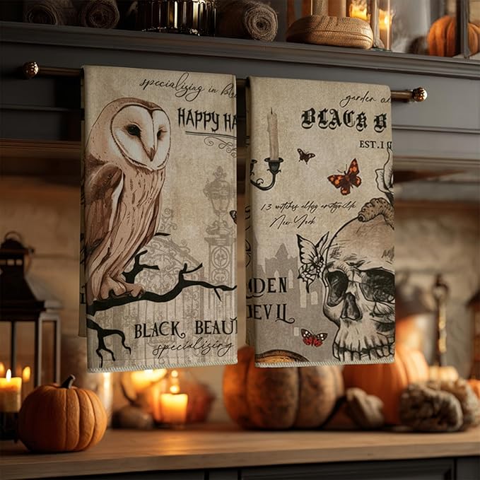 4 Pcs Vintage Halloween Kitchen Towels Tea Towels Decorative Set, 27.5x20 Inch Skeletons Crows Owl Dish Vintage Terror Decoration Hand Towels, Halloween Absorbent Kitchen Dishcloth for Cooking