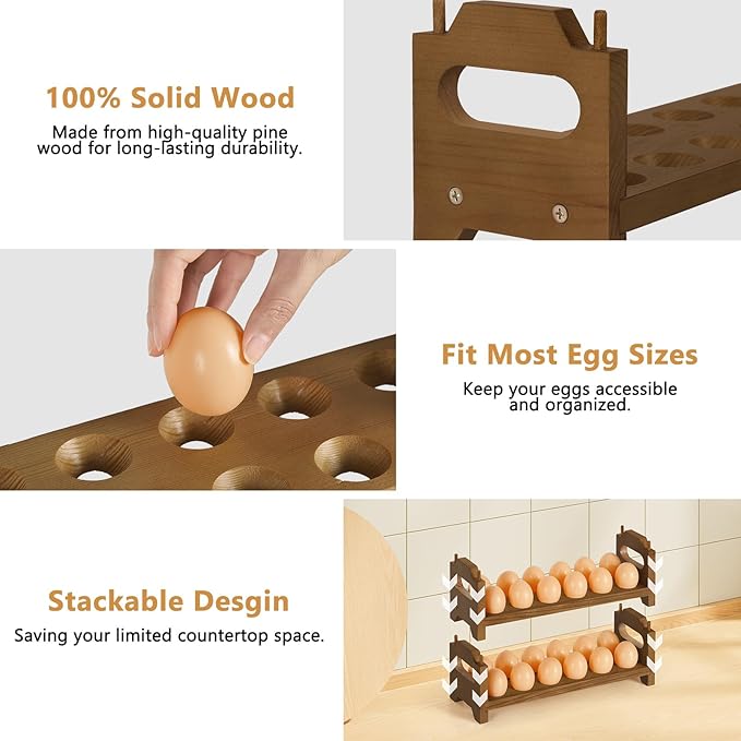 Wooden Egg Holder Countertop Fresh Chicken Egg Holders Storage for Gathering Fresh Eggs, 2-Tier Stackable with 24 Eggs, Farmhouse Home Eggs Rack Organizer Decoration