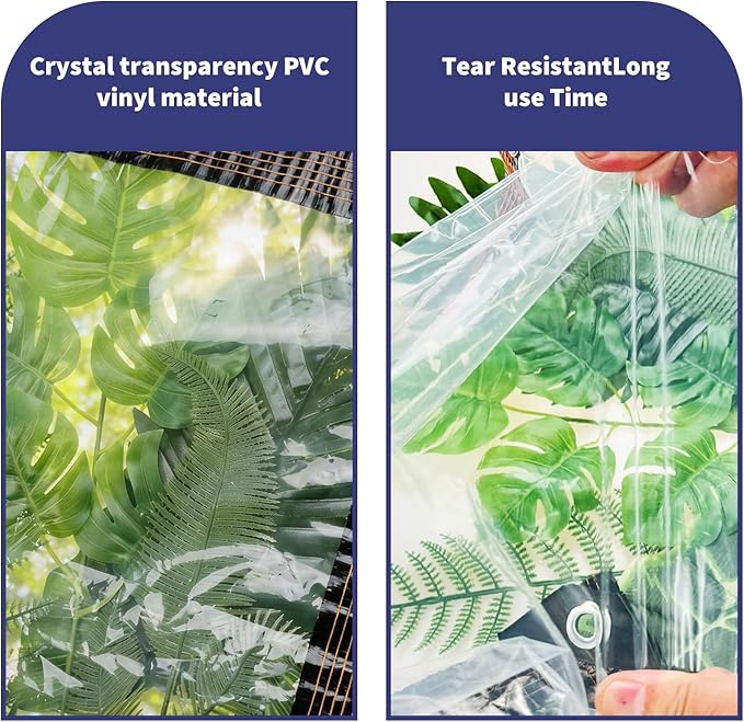 Clear Waterproof Tarp with Grommets, Heavy Duty Vinyl Tarpaulin, Tear Resistant Transparent Cover for Patio, Greenhouse, Garden, Chicken Coop (Includes Ropes & Zip Ties) (10x13FT)