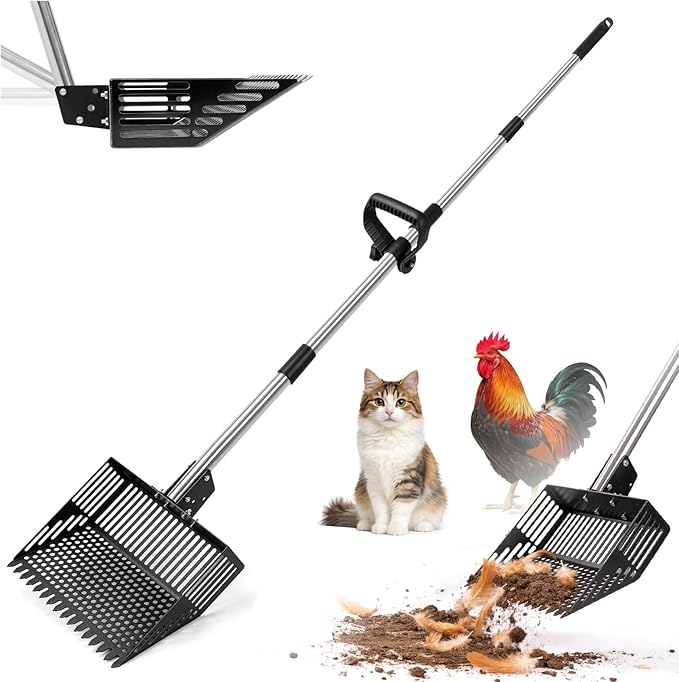 Chicken Poop Scooper,10-INCH Adjustable Angle Chicken Coop Scoop,3-in-1 Sand Rake with Stainless Steel Handle(36"-63"),Chicken Coop Litter Scoop Sand Sifting Shovel Pooper Scooper