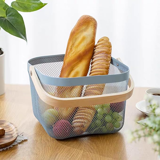 Metal Mesh Wire Basket, Small Steel Basket with Wooden Handle Storage Organizer Basket Multi-functional Hanging Kitchen Baskets Fruit Baskets for Kitchen Bathroom Cabinet Pantry Snacks, Blue