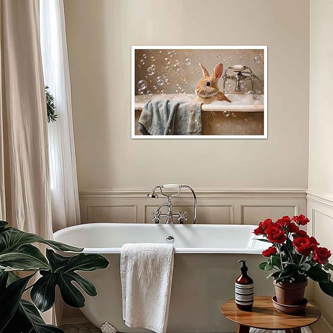 MNFGMH Easter Bathroom Print Vintage Style Bunny in Bathtub Poster for Wall Rustic Farmhouse Easter Wall Art Canvas Roll 24x36 inch