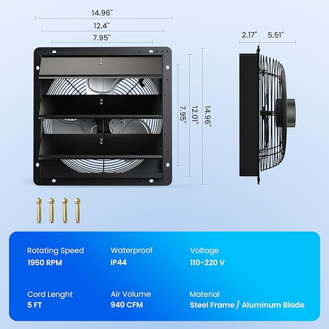 12" Wall Mounted Shutter Exhaust Fan, Attic Fan with Thermostat Humidity Controller, 10-Speed Adjustable, 940 CFM, Automatic Shutter, Vent Fan for Greenhouses, Garages, Shop, Chicken Coops
