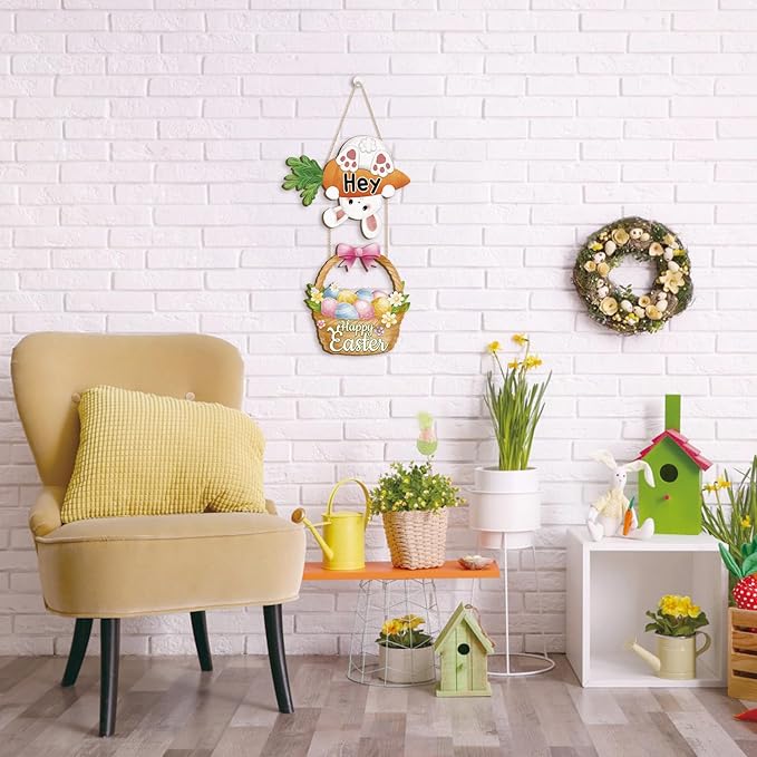 CHDITB Easter Bunny Wooden Sign, Happy Easter Wood Hanging Plaque With Carrot, Spring Rabbit Front Door Sign, Eggs Basket Wall Art Sign Hanger, Welcome Wall Decor For Outdoor Porch Yard Home Decor