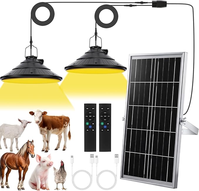 Solar Chicken Coop Shed Light with Time, Rechargeable Solar Hanging Ceiling Pendant Light Waterproof 13.1ft Cord, for Barn Greenhouse Gazebo Patio Poultry Pen Pet House(Black,10w)