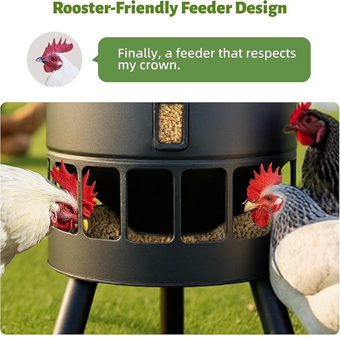KOL 50LB Metal Chicken Feeder - No Waste, No Clog Design with 16 Ports & Smooth Gravity-Flow, Powder Coated Rust-Proof for Coop Use (Black)