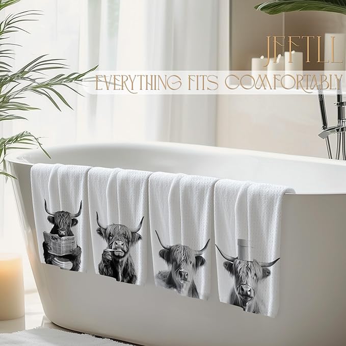 Highland Cow Bathroom Decor Hand Towels, Highland Cow Gifts for Women, Black and White Farm Animal Hand Towels for Bathroom Washroom Restroom Decor, 16x24 Inch, Set of 4