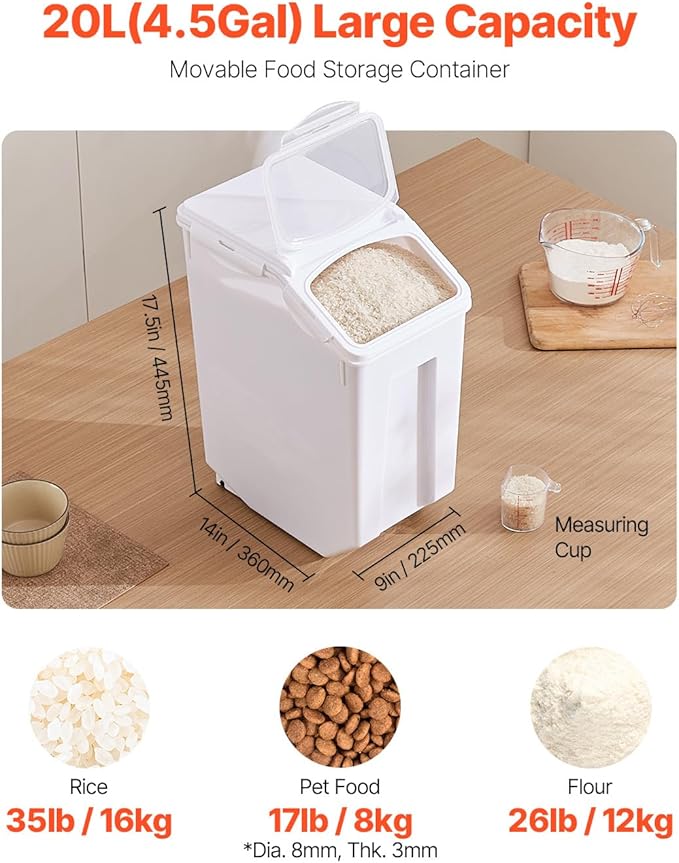 Happybuy Rice Storage Container, 4.5Gallon/20L Capacity Large Dog Food Dispenser Bin. Kitchen Ingredient Grain Cereal Flour Bin. Pet Food Container with Wheels, Measuring Cup, Airtight Lid. 1 Pack.