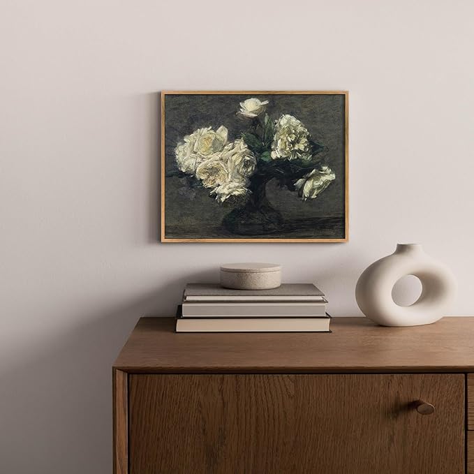 White Flower Framed Canvas Wall Art Rustic Botanical Prints Moody Artwork Dark Floral Paintings Blooming Flowers Poster Farmhouse Flower Pictures White Floral in Vase Wall Art 8x10inch Framed