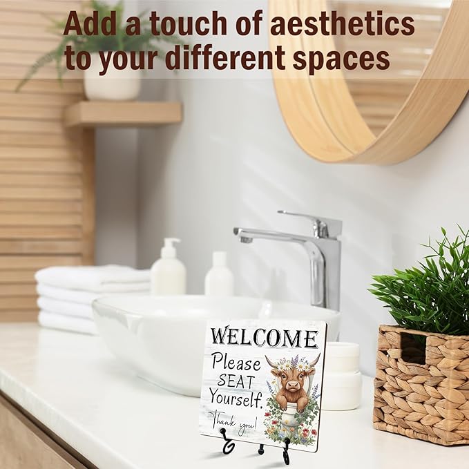 Funny Highland Cow Bathroom Decor, Cow Gifts for Women, 5 Inch Rustic Wooden Plaques for Farmhouse Restroom, Welcome Please Seat Yourself Thank You Sign - A03