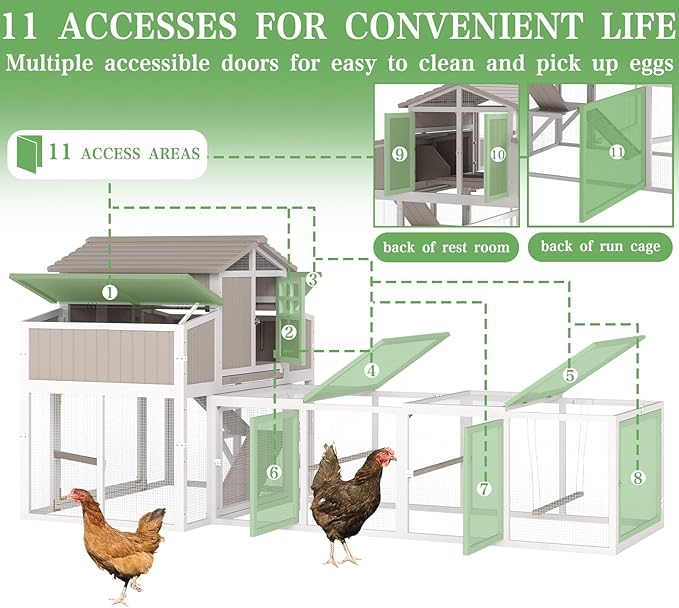 115.36"L 2-Story Chicken Coop with Extra Large Run Cage,Chicken House Hen House with 2 Large Nesting Boxes,Expandable Poultry Cage for 4-6 Hens with 6 Perching Bars,Pull-out Tray,Ramps(Grey)