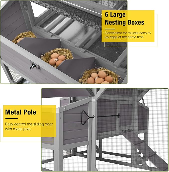 Aivituvin Extra Large Chicken Coop for 8-10 Chickens, Reinforced Structure Outdoor Wooden Chicken House with 6 Nesting Boxes, Extended Run, Waterproof Roof, Iron Edge, Grey, 118" L x 26" W x 50" H