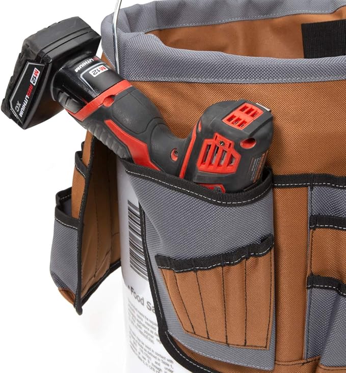 Dickies 35-Pocket 5-Gallon Bucket Organizer With Drill Holster, Padded Handle, and Tape Tether, for Contractors and Painters