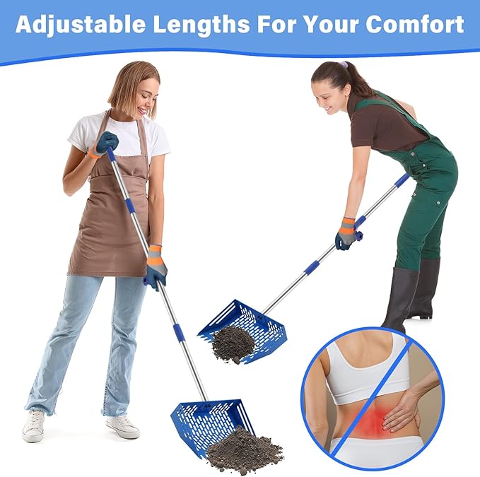 Chicken Poop Scooper, 10 Inch 2 in 1 Stainless Steel Sand Sifting Shovel & Rake with 35" to 62" Adjustable Length, Durable Litter Cleaner with Detachable Handle for Chicken Coop Farm Animal(Blue)