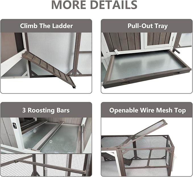 Chicken Coop Mobile Wooden Hen House with Nesting Box,95.3" L Outdoor Chicken House with Wheels and Removable Tray,Fir Wood Chicken Tractor with 6 Ventilation Door and Ramp-Grey