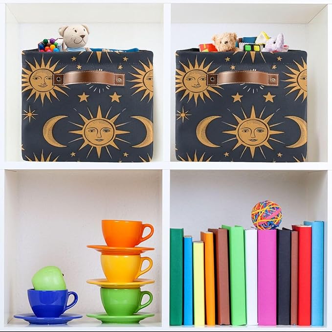 JIPONI Astrology Suns Moon Fabric Storage Bins for Shelves, Decorative Storage baskets for organizing, Closet Organizer with Handle for Cloth, Toys, Bedrooms, Farmhouse