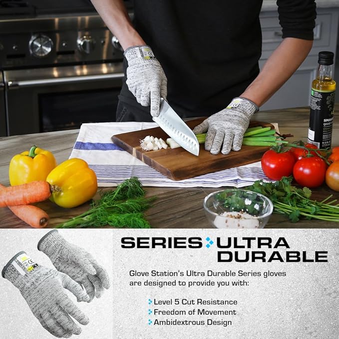 Glove Station Ultra Durable Series Cut Resistant Gloves - Cutting Gloves for Chefs, BBQ and Cooking - Level 5 Protection, Food Grade Safe Cut - Grey, Large Size [2-Pack]