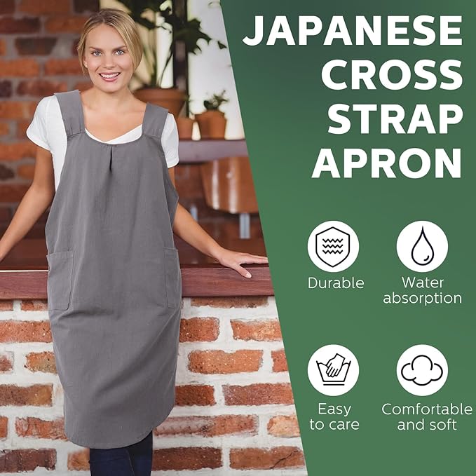 JaGely 2 Pack Japanese Linen Cross Back Kitchen Cooking Aprons for Women Men with 2 Pockets Cute Gardening Dress