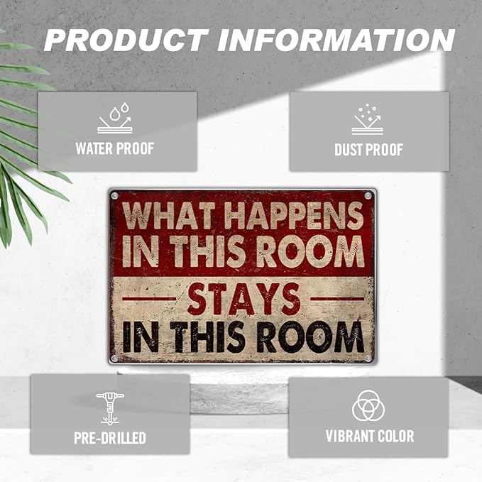 Funny Room Wall Decor Metal Sign What Happens In This Stays Vintage Style 12 x 8 Inch Bedroom Dorm Man Cave Door Decoration For Men And Women Aluminum Art Kitchen