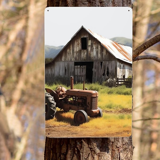 Old Wooden Barn with Rusted Tractor Metal Sign Vintage Tin Signs Retro Wall Art Decor Metal Poster Plaque Garage Bar Patio Wall Decorations Gifts for Men Women 12 X 8 Inches Outdoor & Indoor