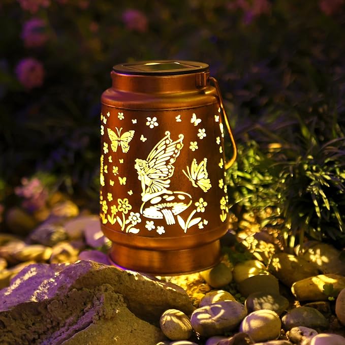 Fairy Solar Lanterns Outdoor Waterproof Hanging Solar Lights Butterfly Gifts for Women Mom Grandma Metal Decorative LED Lantern Outside for Yard,Patio,Lawn,Porch,Backyard,Garden Decor