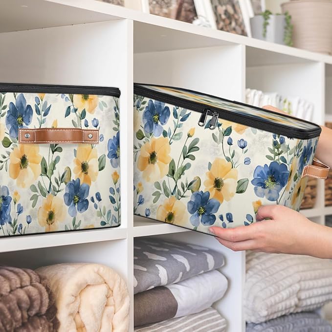 Watercolor Wildflowers Storage Bins with Lids, Blue Yellow Floral Fabric Storage Boxes with Zipper, Collapsible Decorative Closet Organizer Cube for Clothes, Organizing, Shelves