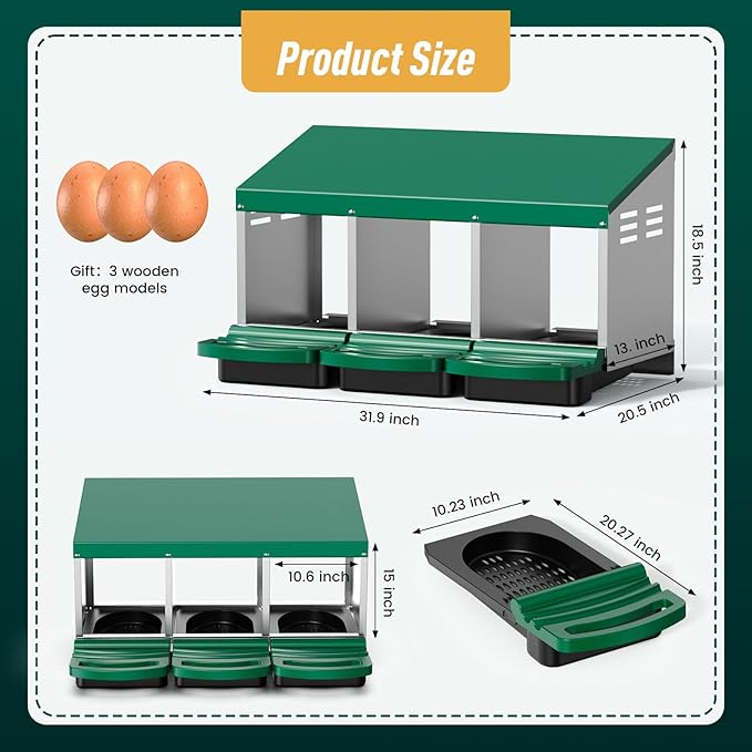 Chicken Nesting Boxes, 3 Compartments Roll Away Egg Laying Nest Box for Hens, Galvanized Steel Nesting Boxes for Chickens with Rollout Egg Drawer, Protects Eggs for Chicken Coop